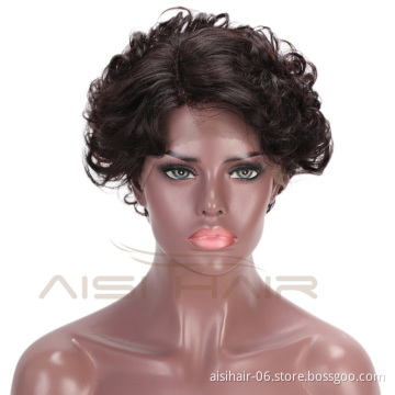 Aisi Hair Brazilian Human Hair Lace Front Pixie Cut Short Afro Curly Wave Wig Natural Black Lace Front Short Human Hair Wigs